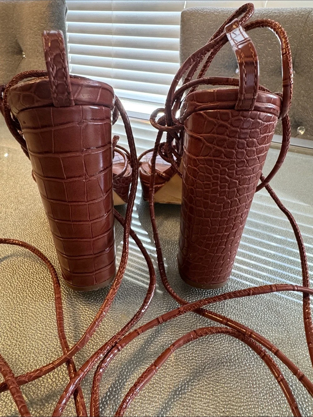 Liliana Burgundy Faux-Croc Platform Strappy Block Heels